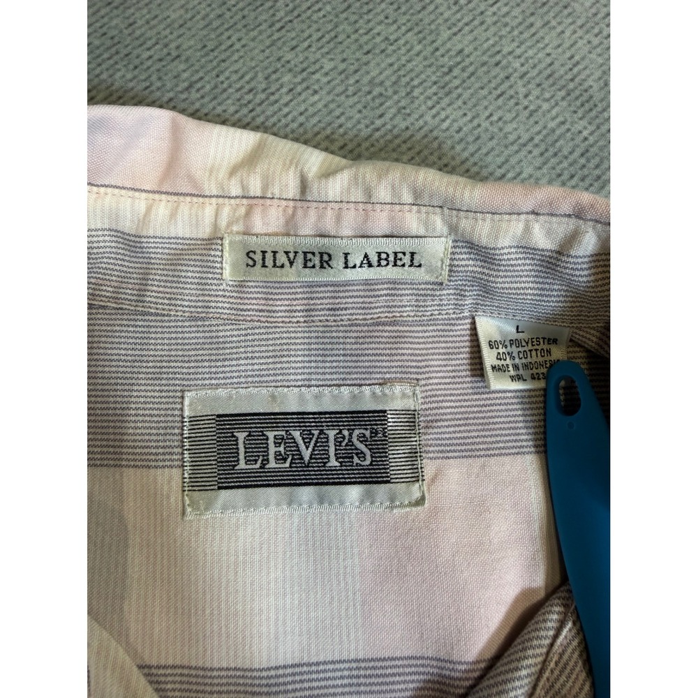 Levis Silver Label Vintage 90s Striped Short Sleeve Shirt Pink Grey L - Picture 3 of 10